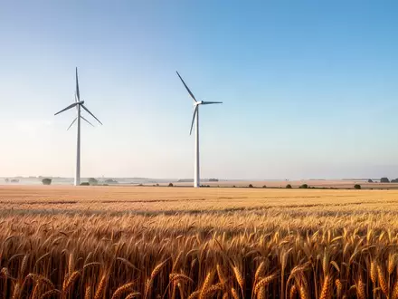 Eine Windkraftanlage in einem weiten Getreidefeld unter blauem Himmel. - Foto: über boerse-global.de
