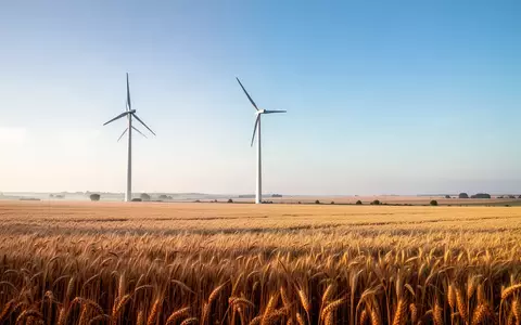 Eine Windkraftanlage in einem weiten Getreidefeld unter blauem Himmel. - Foto: über boerse-global.de