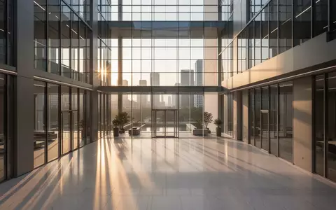 Ein minimalistisches, modernes Firmengebäude mit großen Glasflächen und polierten Steinböden im warmen Licht der Abendsonne. - Foto: über boerse-global.de