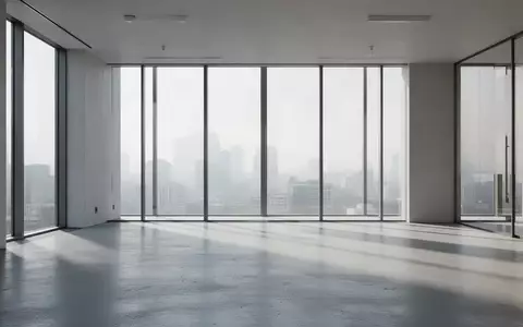 Ein minimalistischer, leerer Büro-Innenraum mit natürlichem Lichteinfall und langen Schatten auf einem Betonboden. - Foto: über boerse-global.de