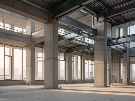 Rohbau eines modernen Gebäudes mit Betonpfeilern und Stahlträgern im natürlichen Tageslicht. - Foto: über boerse-global.de