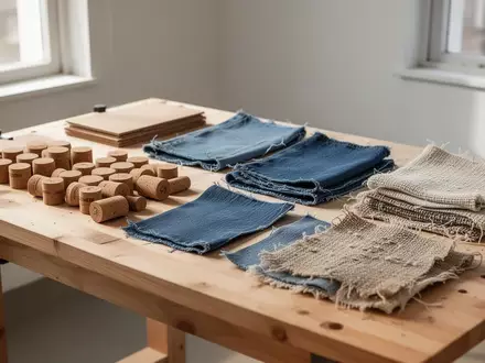Eine aufgeräumte Werkbank mit verschiedenen Upcycling-Materialien wie Stoffresten und Weinkorken in hellem Tageslicht. - Foto: über boerse-global.de