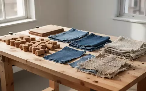 Eine aufgeräumte Werkbank mit verschiedenen Upcycling-Materialien wie Stoffresten und Weinkorken in hellem Tageslicht. - Foto: über boerse-global.de
