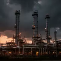 Industrielle Ölraffinerie bei Dämmerung mit komplexen Rohrleitungssystemen und Stahltürmen vor einem dunklen Himmel. - Foto: über boerse-global.de