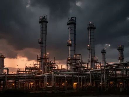 Industrielle Ölraffinerie bei Dämmerung mit komplexen Rohrleitungssystemen und Stahltürmen vor einem dunklen Himmel. - Foto: über boerse-global.de