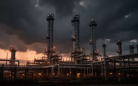 Industrielle Ölraffinerie bei Dämmerung mit komplexen Rohrleitungssystemen und Stahltürmen vor einem dunklen Himmel. - Foto: über boerse-global.de