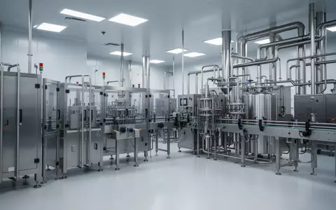 Moderne, sterile Produktionsanlage in einem pharmazeutischen Werk mit glänzenden Edelstahlmaschinen und klarer Industriearchitektur. - Foto: über boerse-global.de