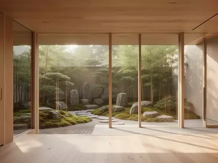 Ein minimalistischer, lichtdurchfluteter Raum mit Blick in einen ruhigen japanischen Garten, der Vitalität und Gesundheit symbolisiert. - Foto: über boerse-global.de