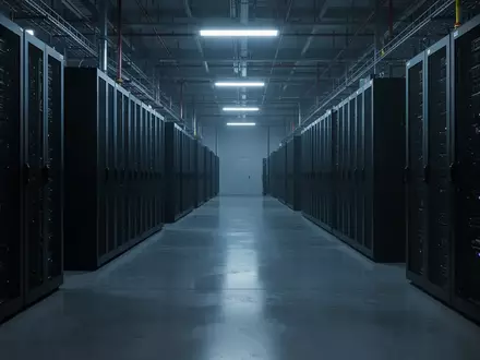 Reihen dunkler Server-Racks in einem weitläufigen, kühl beleuchteten Rechenzentrum. - Foto: über boerse-global.de