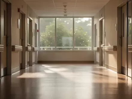 Ein heller, minimalistisch gestalteter Rehabilitationsflur mit einfallendem Tageslicht und Blick ins Grüne. - Foto: über boerse-global.de