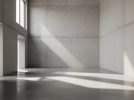 Ein minimalistischer, leerer Raum mit Sichtbetonwänden und geometrischen Licht- und Schattenwürfen durch ein hohes Fenster. - Foto: über boerse-global.de