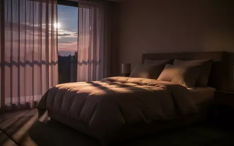 Ein ruhig gestaltetes Schlafzimmer bei Dämmerlicht mit sanftem Mondschein, der durch die Vorhänge auf ein gemachtes Bett fällt. - Foto: über boerse-global.de
