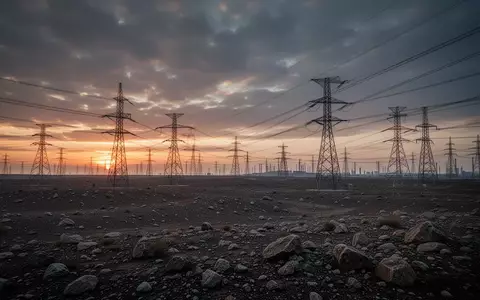 Weitläufige Industrielandschaft mit Hochspannungsmasten und Stromleitungen vor einem dramatischen Abendhimmel. - Foto: über boerse-global.de