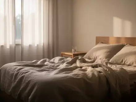 Ein minimalistisch eingerichtetes, helles Schlafzimmer bei Tageslicht, das Ruhe und Erholung vermittelt. - Foto: ĂĽber boerse-global.de