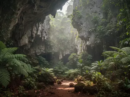 Lush tropical jungle landscape at the entrance of a prehistoric cave on the island of Sulawesi. - Foto: über boerse-global.de