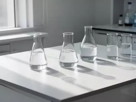 Ein minimalistisch gestalteter Labortisch mit leeren Glasgefäßen und neutralem Licht in einer sterilen Umgebung. - Foto: über boerse-global.de