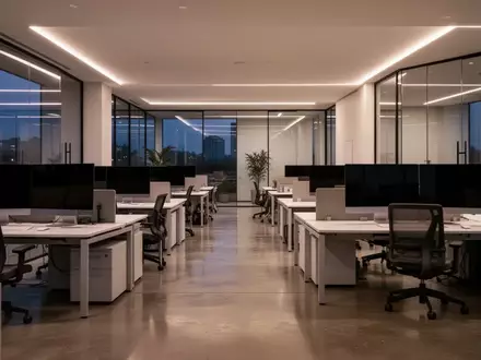 Modernes, leeres Büro mit ergonomischen Arbeitsplätzen und gedimmter Beleuchtung am Abend. - Foto: über boerse-global.de