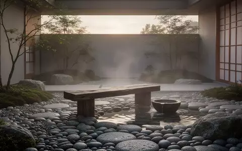 Ein minimalistischer Steingarten in der Morgendämmerung mit einer schlichten Holzbank und einem stillen Wasserbecken. - Foto: über boerse-global.de