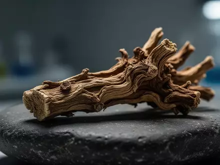 Nahaufnahme einer getrockneten Wurzel von Scutellaria baicalensis auf einem dunklen Steinuntergrund - Foto: über boerse-global.de
