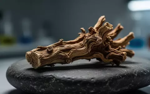 Nahaufnahme einer getrockneten Wurzel von Scutellaria baicalensis auf einem dunklen Steinuntergrund - Foto: über boerse-global.de