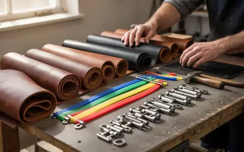 Nahaufnahme einer Werkbank mit verschiedenen Materialien wie Lederrollen, Silikonbändern und Metallgliedern für Armbänder. - Foto: über boerse-global.de