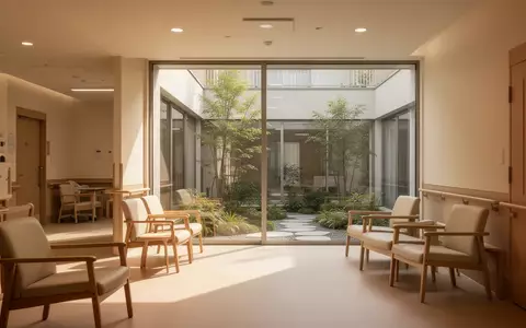 Ein heller, minimalistischer Innenraum einer Pflegeeinrichtung mit warmem Tageslicht, Holzmöbeln und Blick in einen ruhigen Garten. - Foto: über boerse-global.de