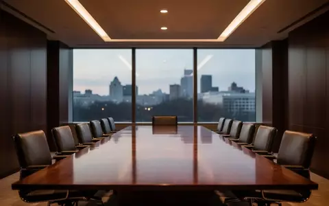 Ein minimalistischer, moderner Konferenzraum in Washington D.C. mit einem polierten Mahagonitisch bei Dämmerung. - Foto: über boerse-global.de