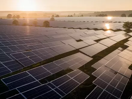 Weitläufiger Solarpark mit Photovoltaik-Modulen bei Sonnenuntergang - Foto: über boerse-global.de