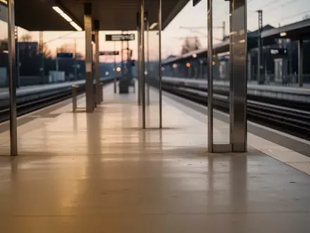 Leerer, moderner Bahnsteig an einem deutschen Bahnhof in der Abenddämmerung mit architektonischen Stahlsäulen. - Foto: über boerse-global.de