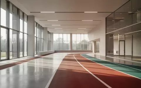 Eine moderne, minimalistische Indoor-Laufbahn in einem hellen Sportzentrum mit klaren architektonischen Linien und natürlichem Tageslicht. - Foto: über boerse-global.de