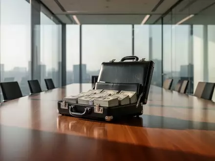 Ein offener Lederkoffer mit Geldbündeln auf einem modernen Konferenztisch in einem hellen Büro. - Foto: über boerse-global.de