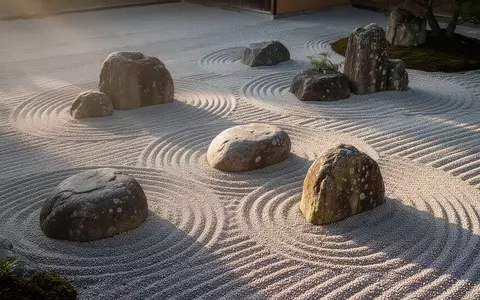 Ein minimalistischer Zen-Garten mit geharktem Kies und glatten Flusssteinen im sanften Morgenlicht. - Foto: über boerse-global.de