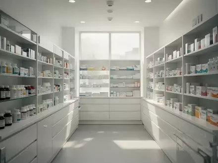Heller, moderner Innenraum einer Apotheke mit leeren Regalen in einer professionellen, sterilen Umgebung. - Foto: über boerse-global.de