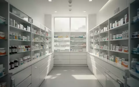 Heller, moderner Innenraum einer Apotheke mit leeren Regalen in einer professionellen, sterilen Umgebung. - Foto: über boerse-global.de