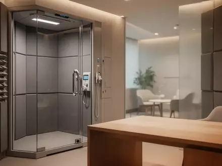 Ein minimalistisch gestalteter, ruhiger Untersuchungsraum für Hörtests mit akustischen Wandpaneelen und sanftem Licht. - Foto: über boerse-global.de