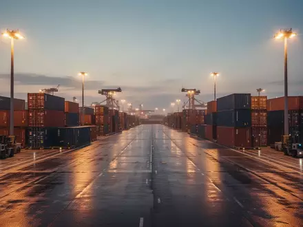 Ein weitläufiges, automatisiertes Logistikterminal bei Dämmerung mit geometrisch gestapelten Containern und industrieller Beleuchtung. - Foto: über boerse-global.de