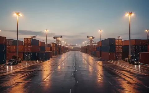 Ein weitläufiges, automatisiertes Logistikterminal bei Dämmerung mit geometrisch gestapelten Containern und industrieller Beleuchtung. - Foto: über boerse-global.de