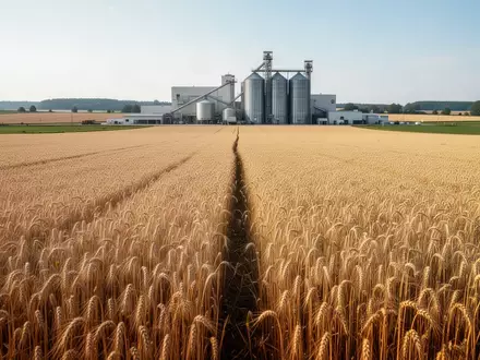 Ein weites Weizenfeld vor einer landwirtschaftlichen Verarbeitungsanlage unter blauem Himmel. - Foto: über boerse-global.de