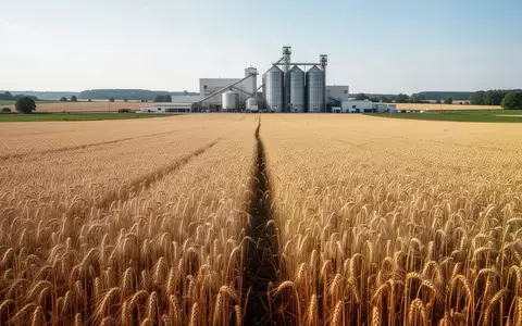 Ein weites Weizenfeld vor einer landwirtschaftlichen Verarbeitungsanlage unter blauem Himmel. - Foto: über boerse-global.de