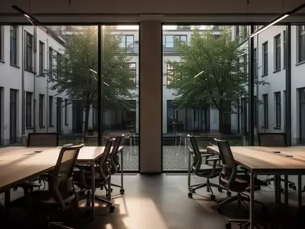 Ein leerer, modern gestalteter Coworking-Bereich mit Holztischen und Blick in einen begrünten Innenhof. - Foto: über boerse-global.de