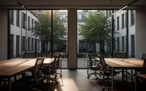 Ein leerer, modern gestalteter Coworking-Bereich mit Holztischen und Blick in einen begrünten Innenhof. - Foto: über boerse-global.de