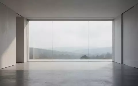 Ein minimalistischer, moderner Innenraum mit poliertem Betonboden und einer großen Glasfront mit Blick auf eine Landschaft. - Foto: über boerse-global.de