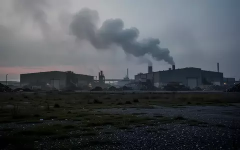 Ein industrieller Recyclingbetrieb bei Dämmerung mit einer aufsteigenden Rauchfahne über einer Lagerhalle. - Foto: über boerse-global.de