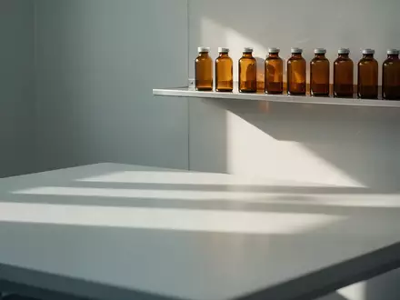 Ein minimalistischer, heller medizinischer Untersuchungsraum mit leeren bernsteinfarbenen Medizinfläschchen auf einem Regal. - Foto: über boerse-global.de