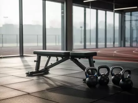 Ein minimalistisch gestalteter Fitnessraum mit Hanteln und Sportgeräten im natürlichen Morgenlicht. - Foto: über boerse-global.de