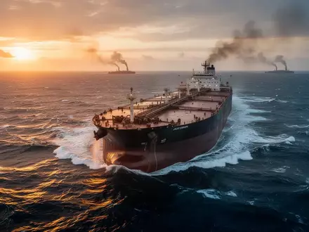 Ein großer Öltanker auf dem aufgewühlten Meer bei Sonnenuntergang mit aufsteigendem Rauch am Horizont. - Foto: über boerse-global.de