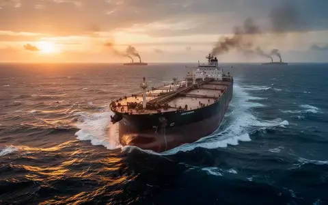 Ein großer Öltanker auf dem aufgewühlten Meer bei Sonnenuntergang mit aufsteigendem Rauch am Horizont. - Foto: über boerse-global.de