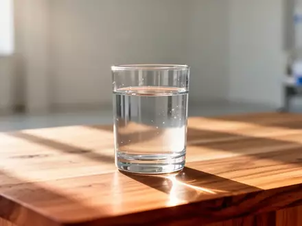Ein Glas Wasser steht in hellem, natürlichem Licht auf einer schlichten Holzoberfläche in einem ruhigen Raum. - Foto: über boerse-global.de