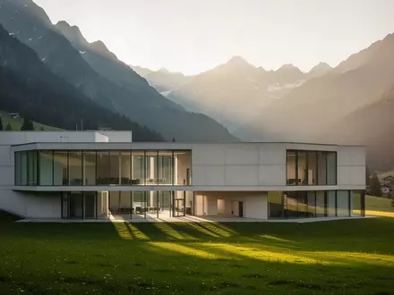 Moderne Architektur eines Forschungsgebäudes in einer alpinen Landschaft bei Sonnenuntergang. - Foto: über boerse-global.de