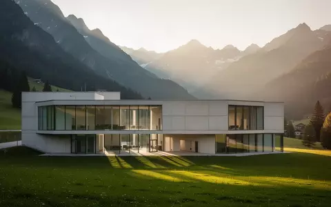 Moderne Architektur eines Forschungsgebäudes in einer alpinen Landschaft bei Sonnenuntergang. - Foto: über boerse-global.de